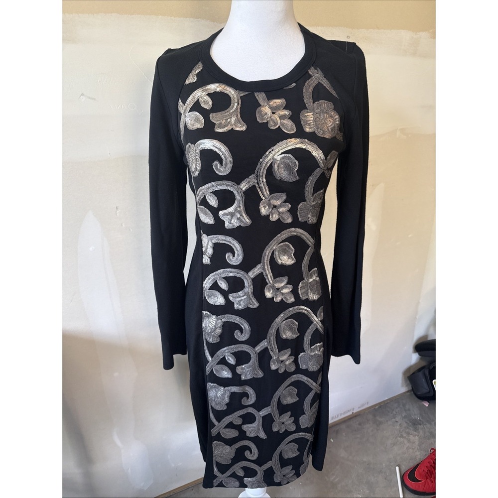 Karen Kane 4N94711 Black Stretch Ponte w/Silver Sequin Floral Front Dress